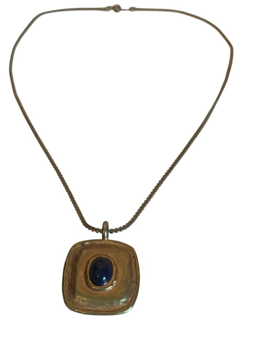 Vintage Gold-Tone Square Pendant Necklace Blue Cabochon Stone Centerpiece Career